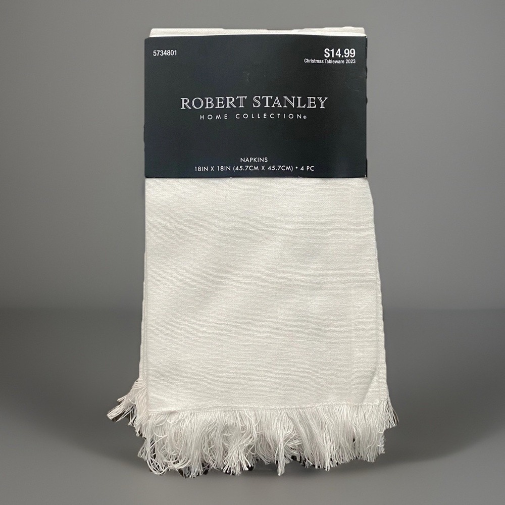 4 ROBERT STANLEY Fabric Napkins • 18 x 18 • WHITE Fringe New